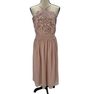 Quiz Sleeveless Floral Embroidered Metallic Bodice Halter Midi Gown - Pink - 12